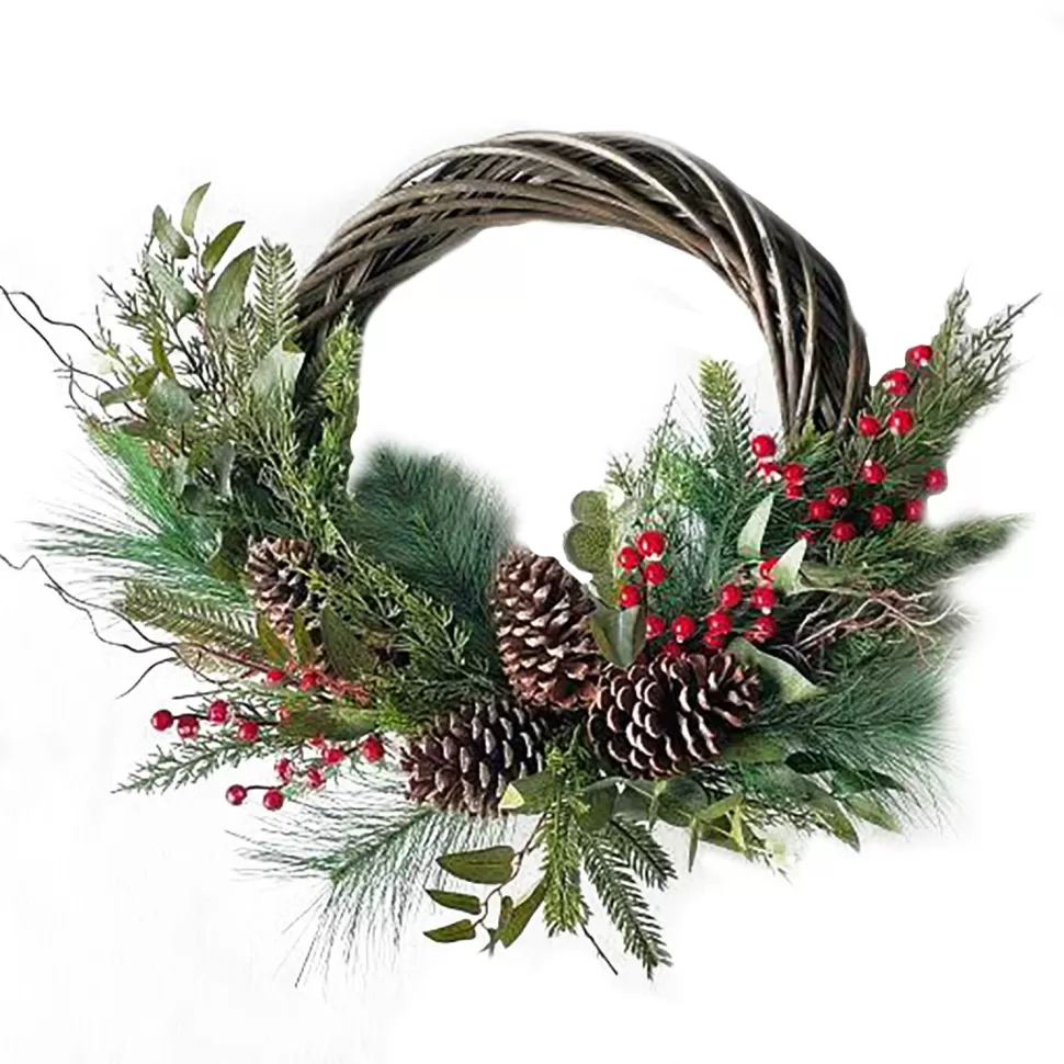 Christmas Forever WREATH RATTAN 24″ RED BERRY, MIXED GREENERY & PINE CONES FROSTED