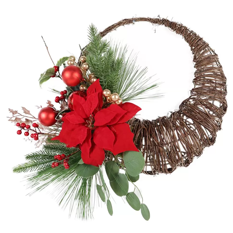 Christmas Forever WREATH RATTAN 24″ RED POINSETTIA/ BERRY & BALLS IN CORNUCOPIA