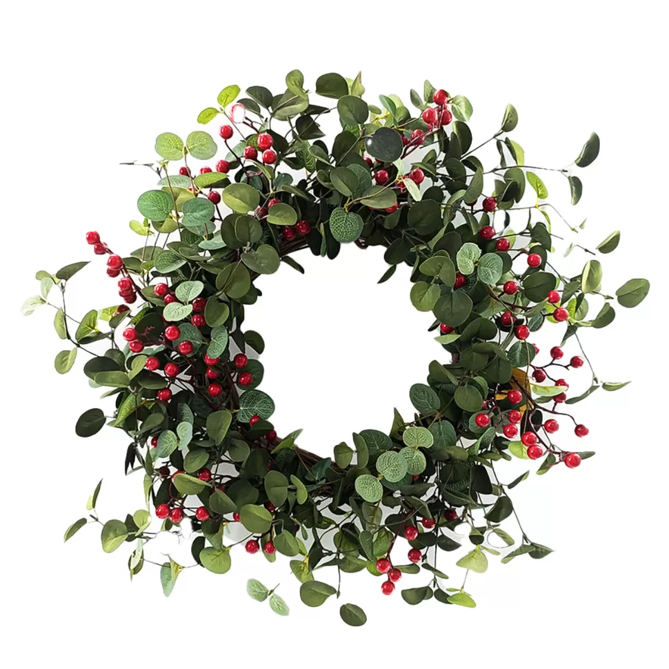 Christmas Forever WREATH RATTAN 24″ W/ EUCALYPTUS & RED BERRIES