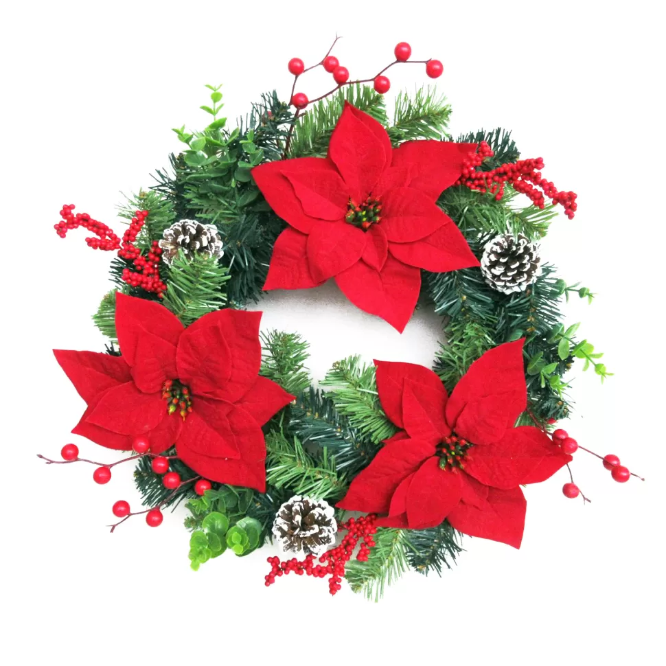 Christmas Forever WREATH RED POINSETTIA 20″ W/BERRY EUCALYPTUS & CONE