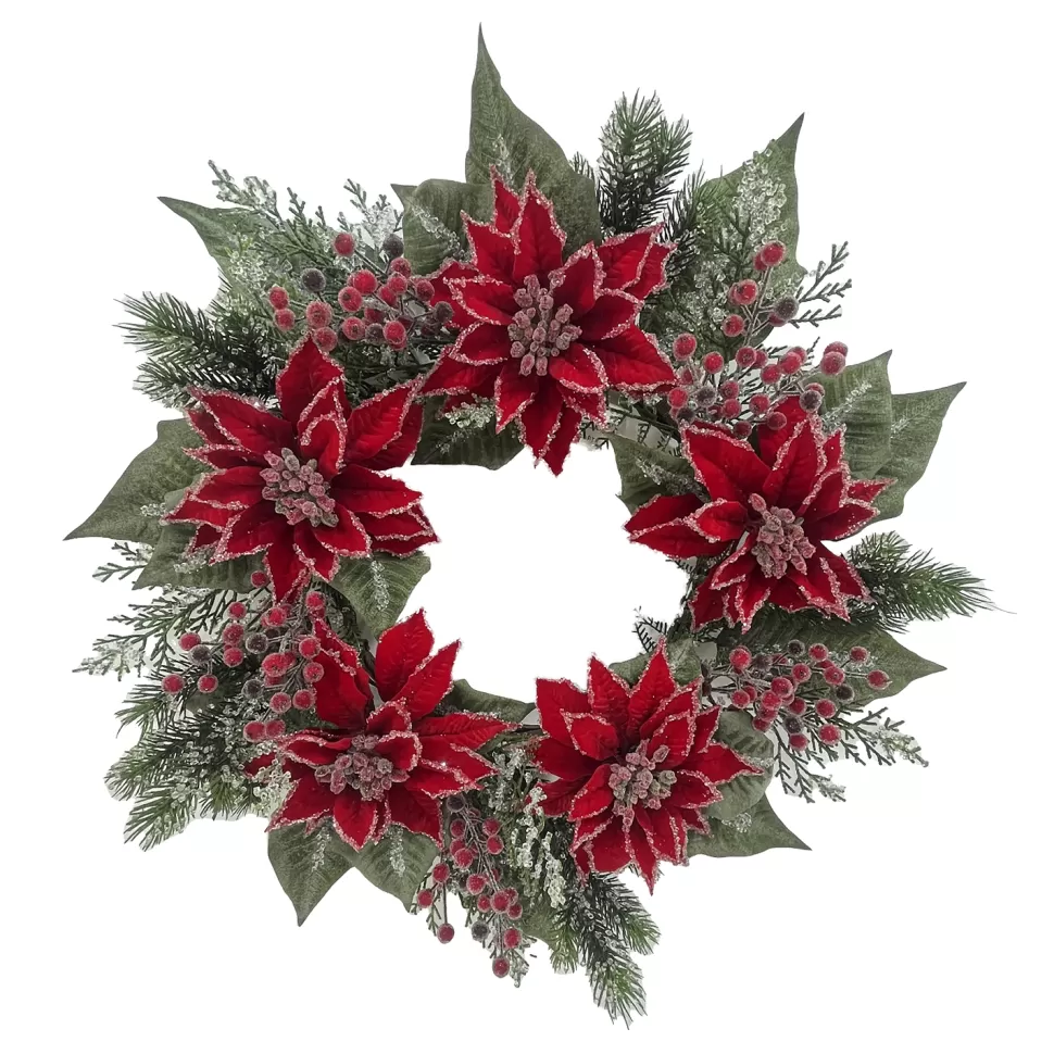 Christmas Forever WREATH RED POINSETTIA 24″ ICED W/ MIXED GREES & RED BERRIES