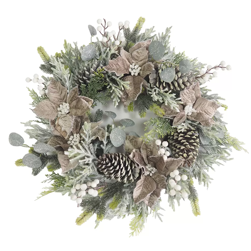 Christmas Forever WREATH TAUPE POINSETTIA 24″ FROSTED W/ MIXED GREENS & CONES