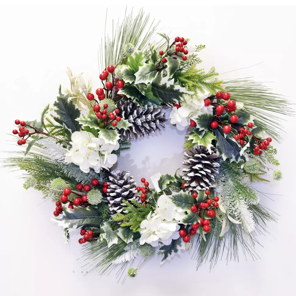 Christmas Forever WREATH WHITE HYDRANGEA 22″ PINE NEEDLE W/ CONE & BERRIES