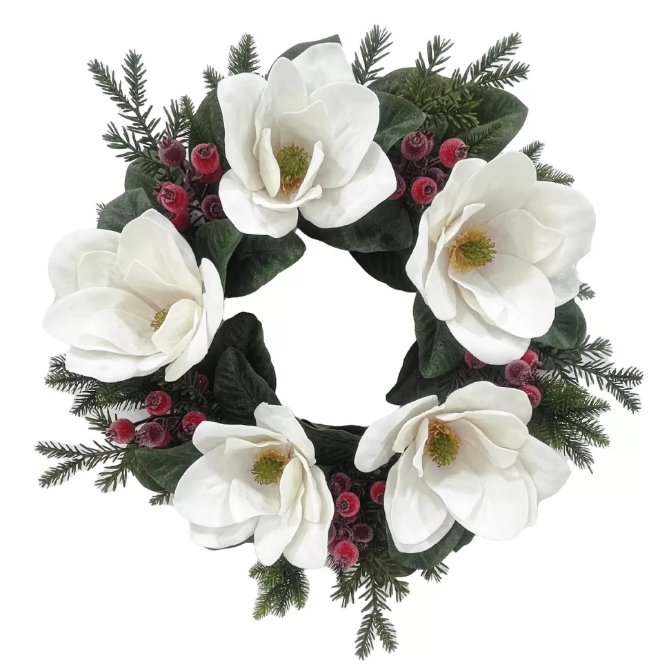 Christmas Forever WREATH WHITE MAGNOLIA 24″ W/ MIXED GREENS & ICED RED BERRIES
