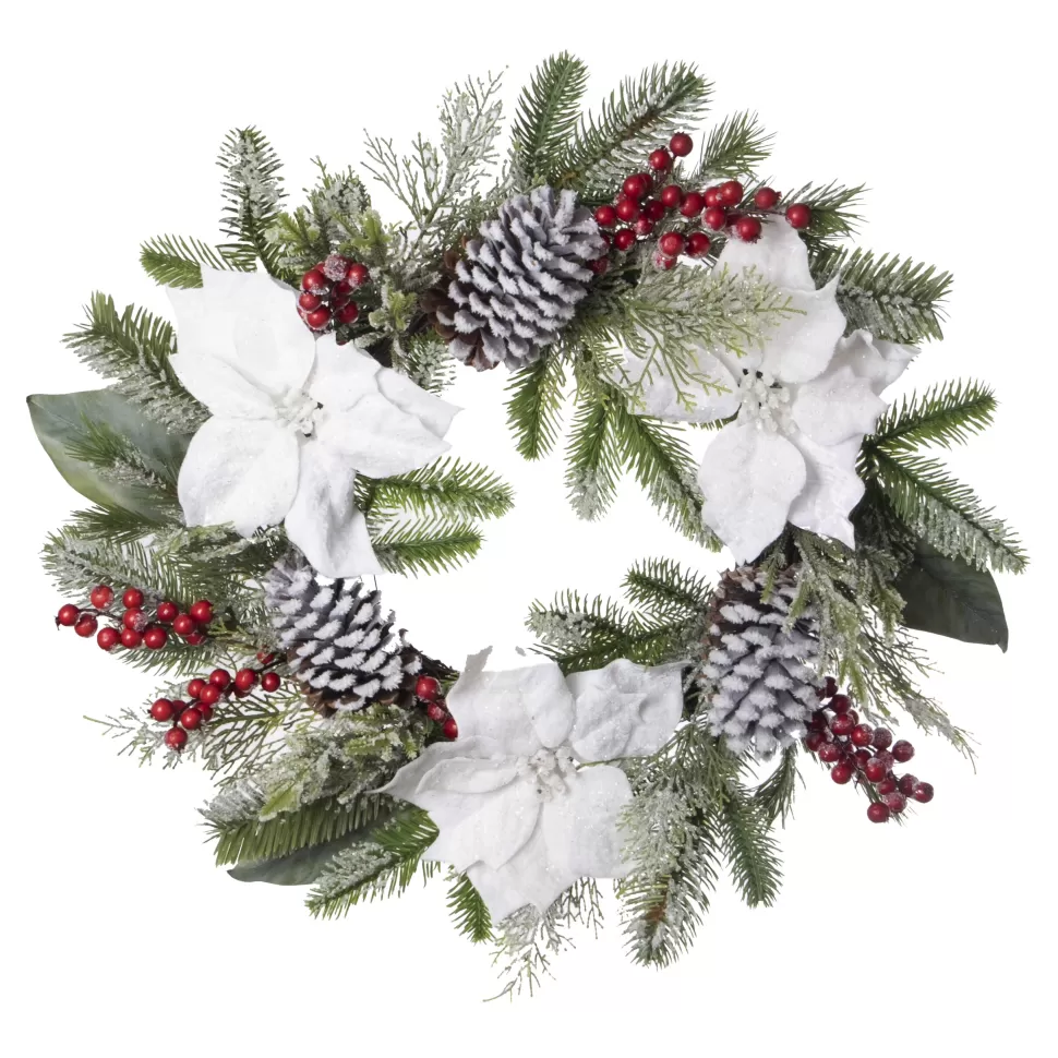 Christmas Forever WREATH WHITE POINSETTIA 24″ FROSTED W/ MIXED GREENS, RED BERRIES & CONES